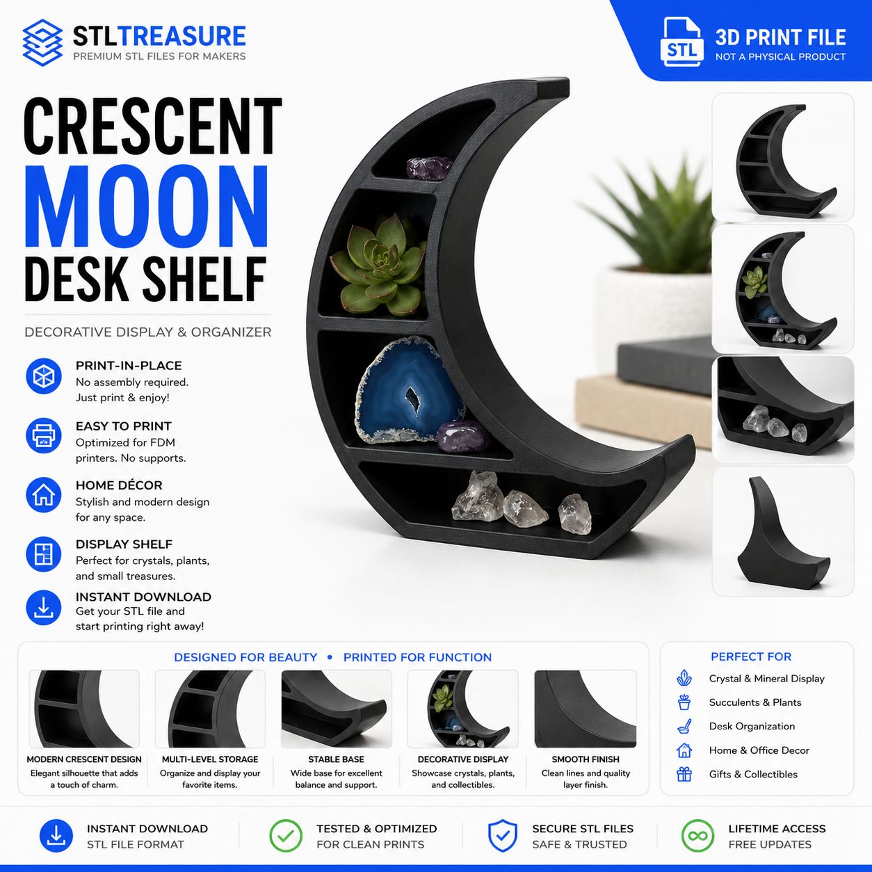Crescent Moon Desk Shelf STL File